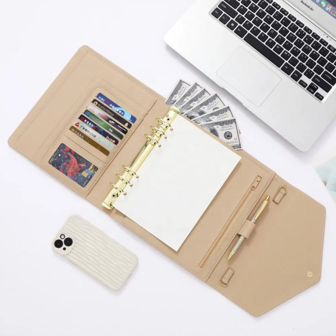 Beige A5 6-ring pebble vegan leather planner cover