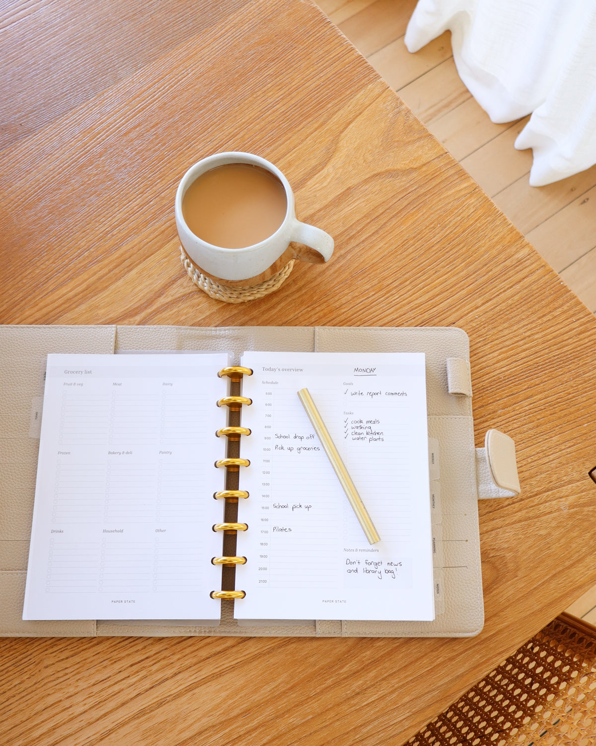 A5 Daily Overview Undated — A5 discbound insert — refillable planner pages, lifestyle photo