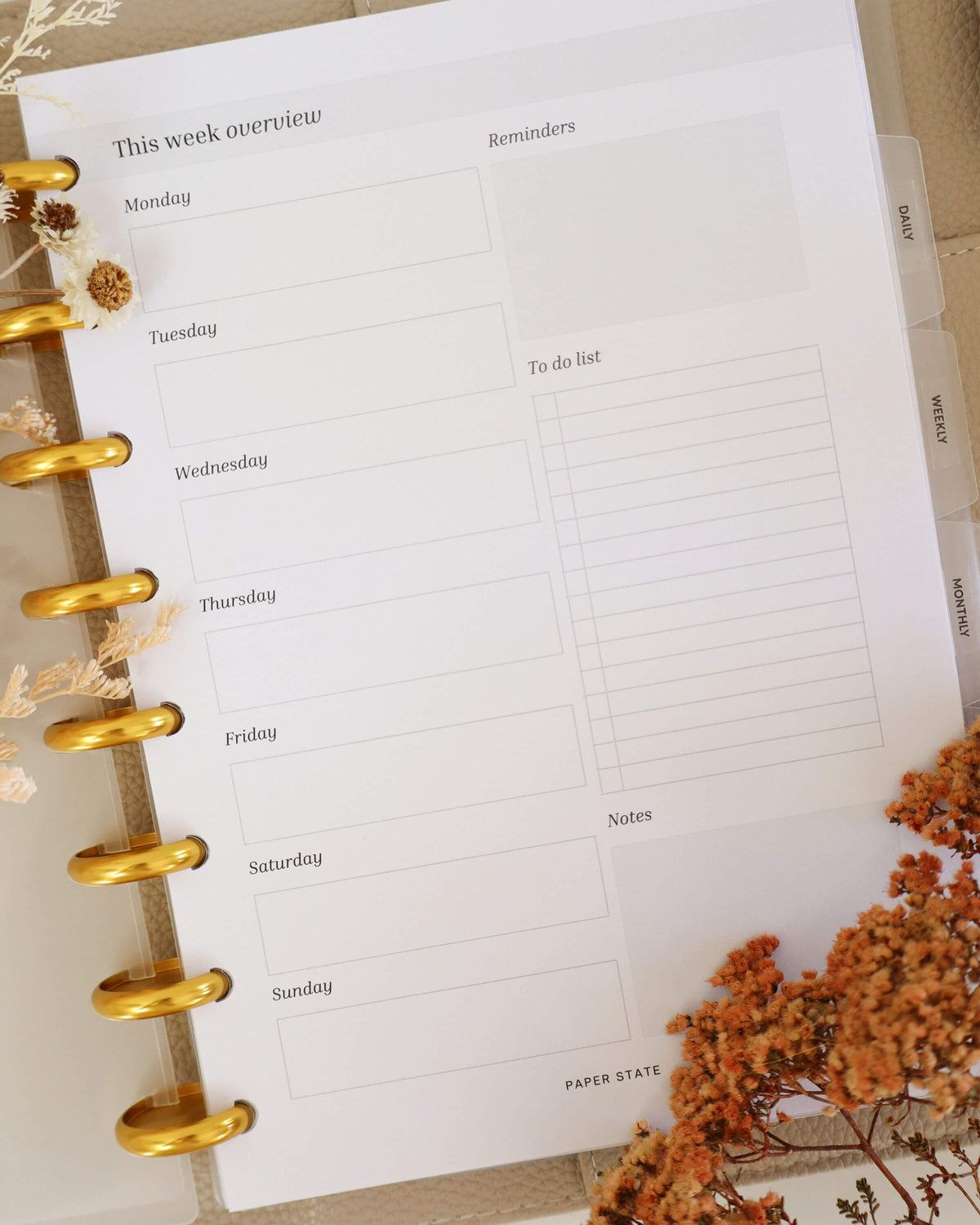 A5 Weekly Schedule Undated — A5 discbound insert — refillable planner pages, close-up