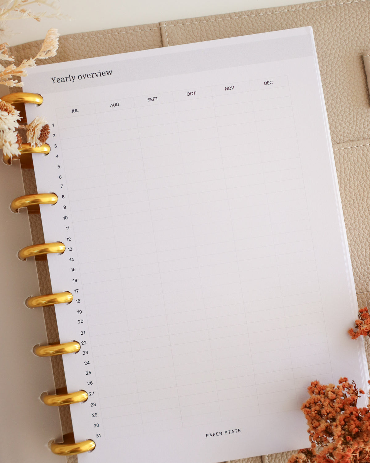 Annual Calendar Undated — refillable A5 planner insert, close-up
