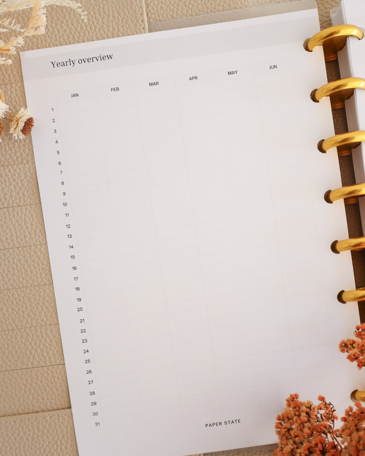 Annual Calendar Undated — refillable A5 planner insert, flat lay