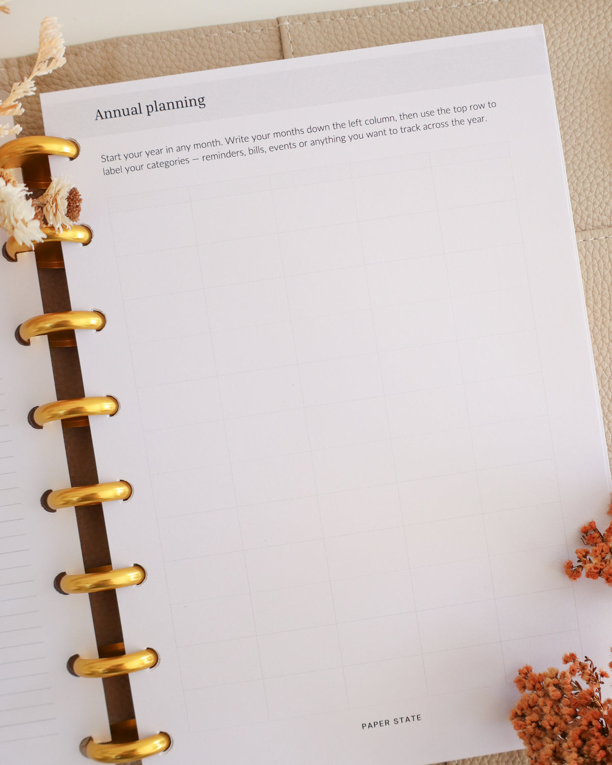 Annual Calendar Undated — refillable A5 planner insert