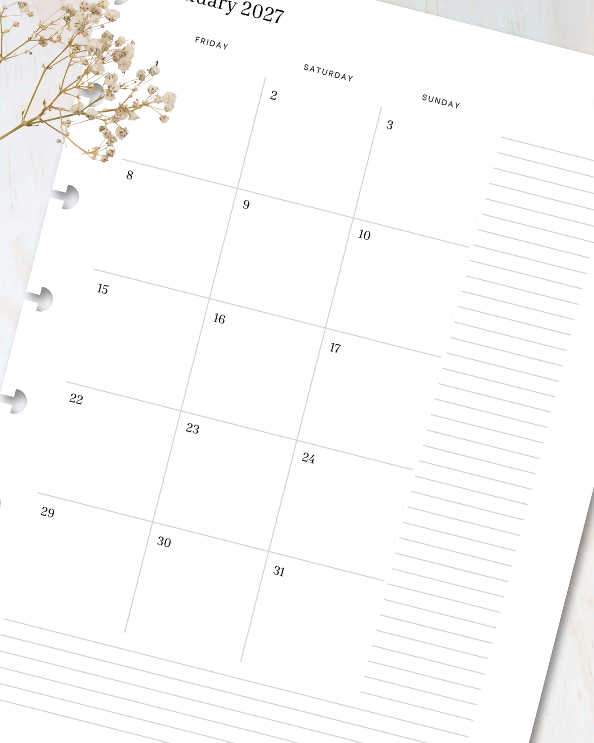 Monthly Calendar 2027 — refillable A5 planner insert, close-up