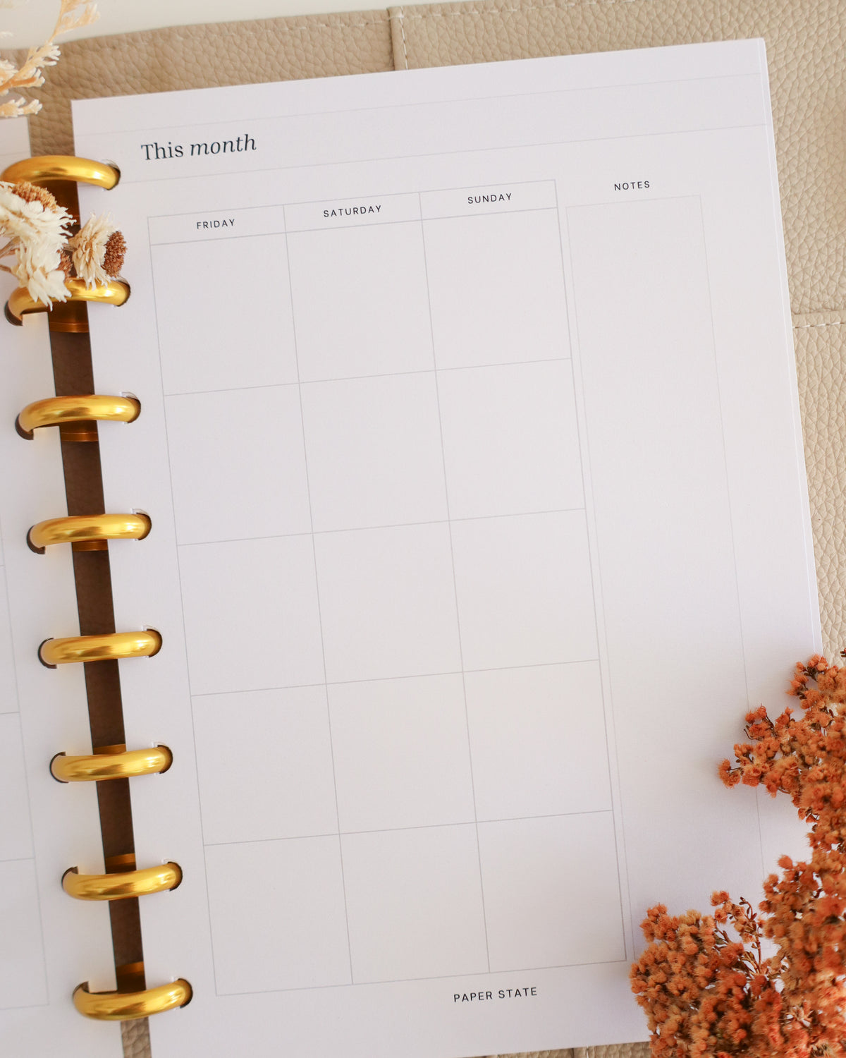 Monthly Calendar Undated — refillable A5 planner insert, close-up