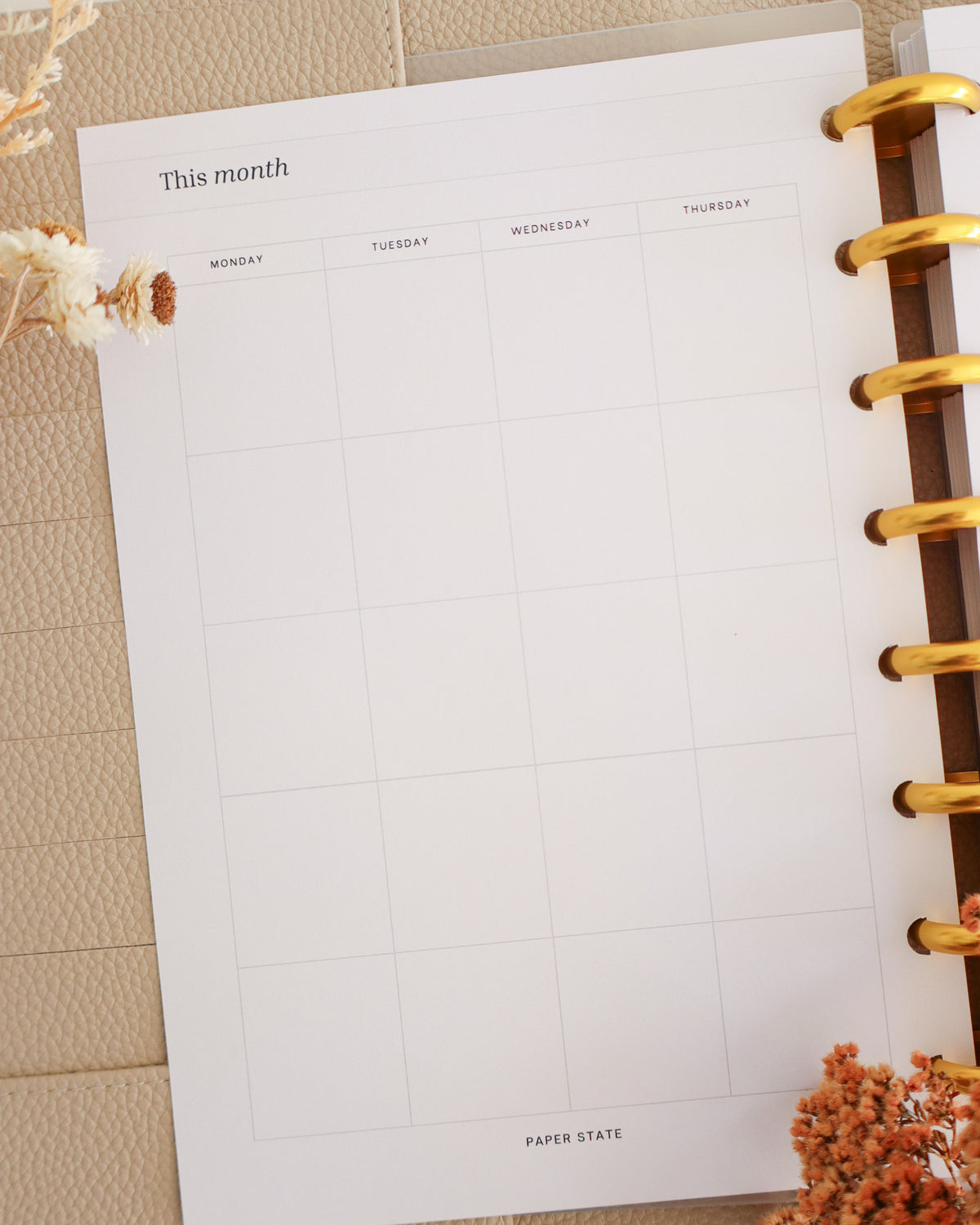 Monthly Calendar Undated — refillable A5 planner insert, flat lay
