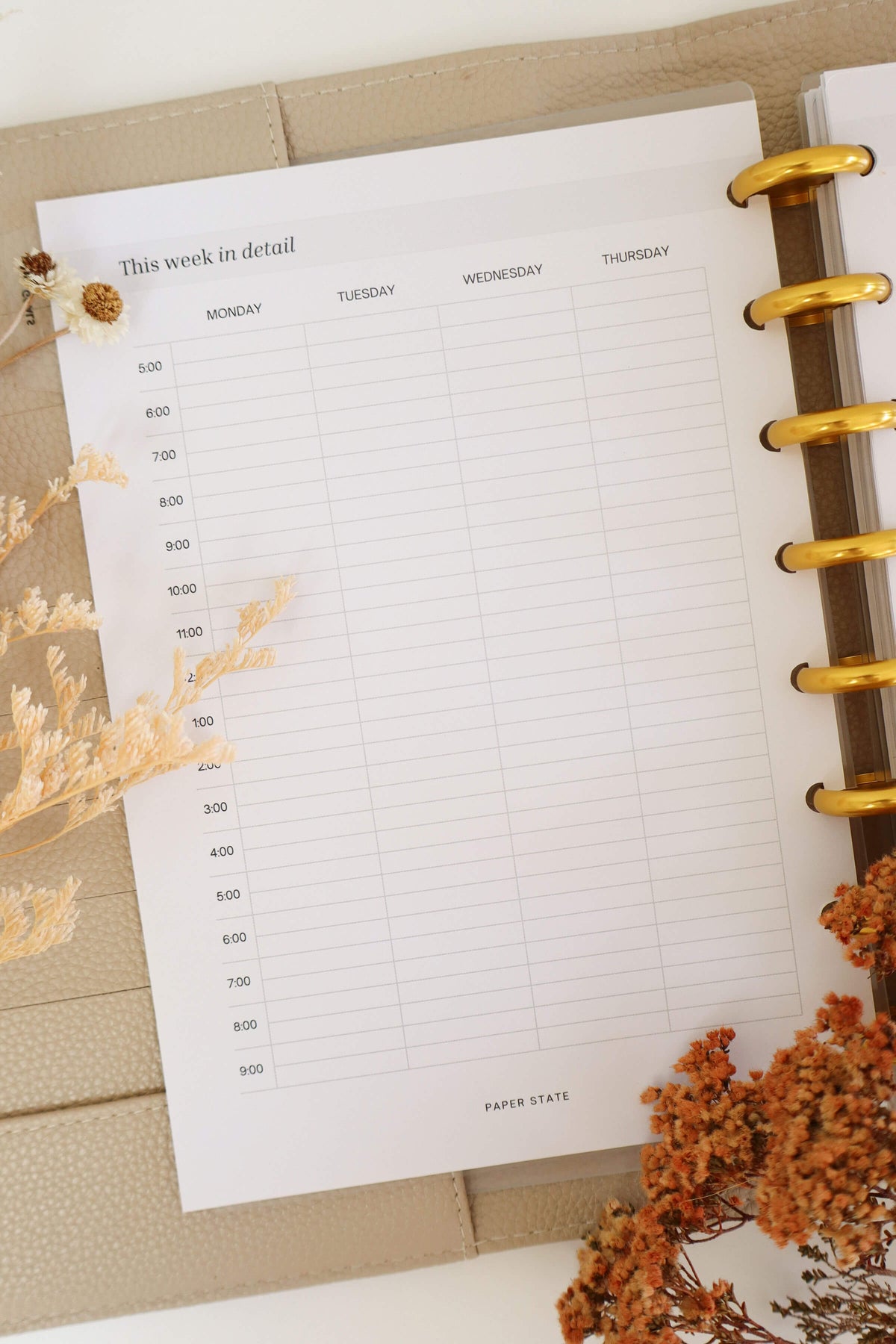 A5 Weekly Schedule Undated — A5 discbound insert — refillable planner pages