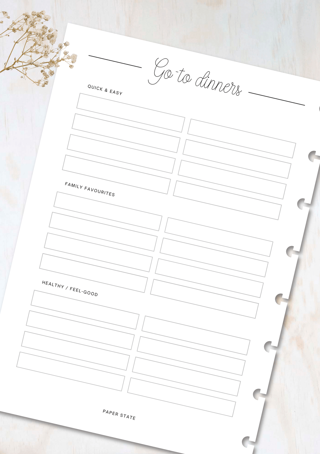 Family meal planning insert set