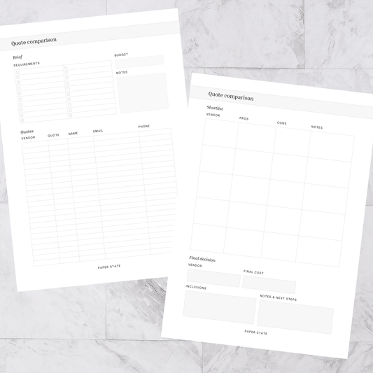 A5 | Discbound | Insert | QUOTE COMPARISON | 15 sheets