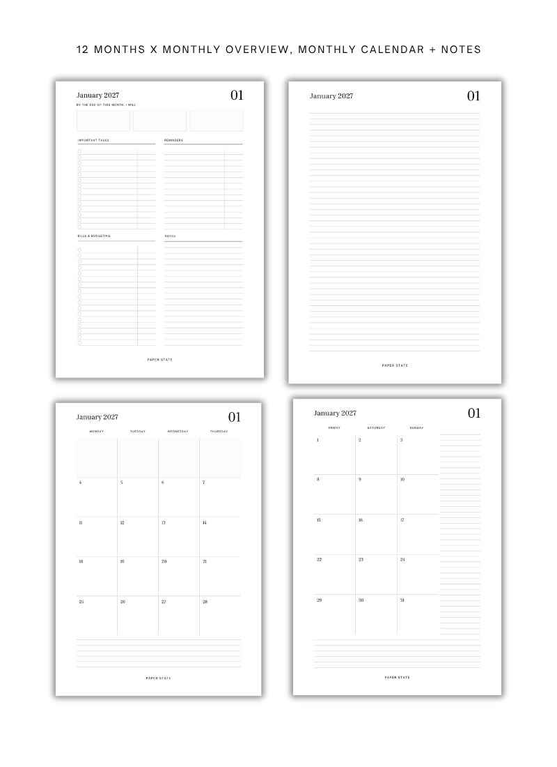 Monthly calendar dated inserts | 2027 calendar year