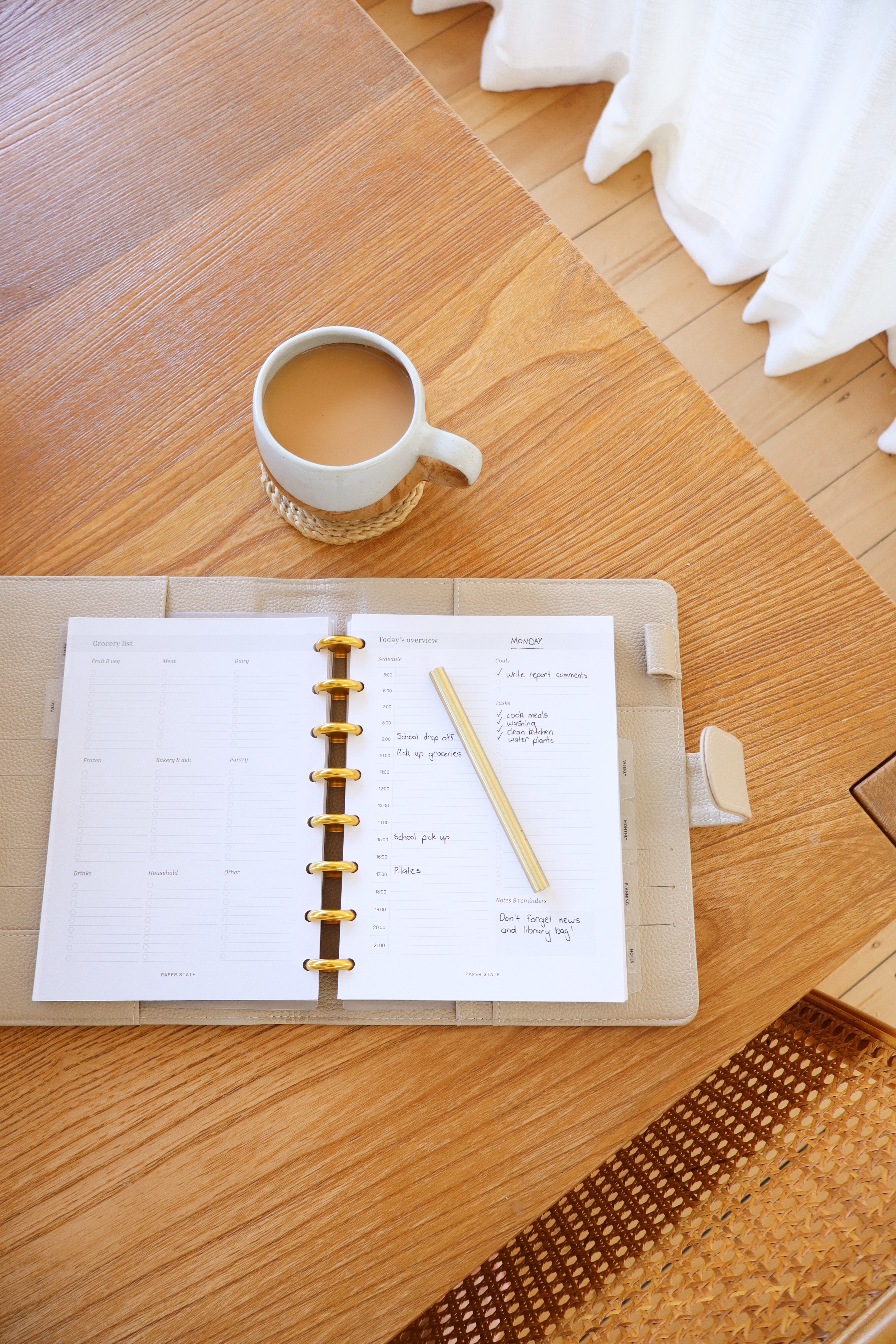 A5 Daily Overview Undated — A5 discbound insert — refillable planner pages, lifestyle photo