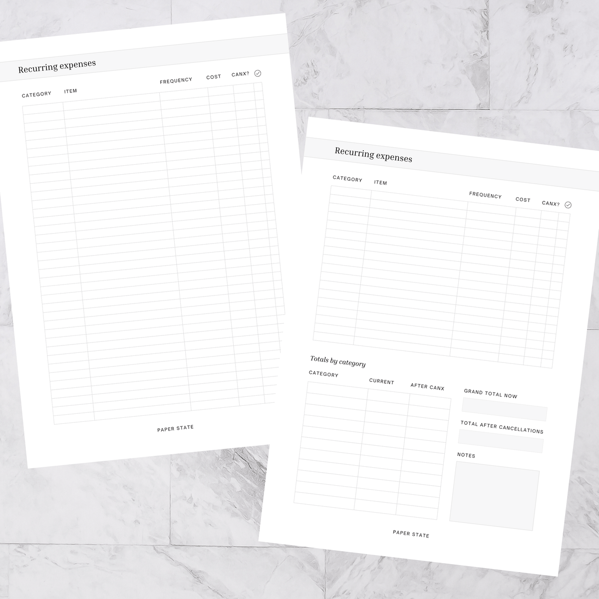 A5 Recurring expenses inserts — A5 discbound insert — refillable planner pages