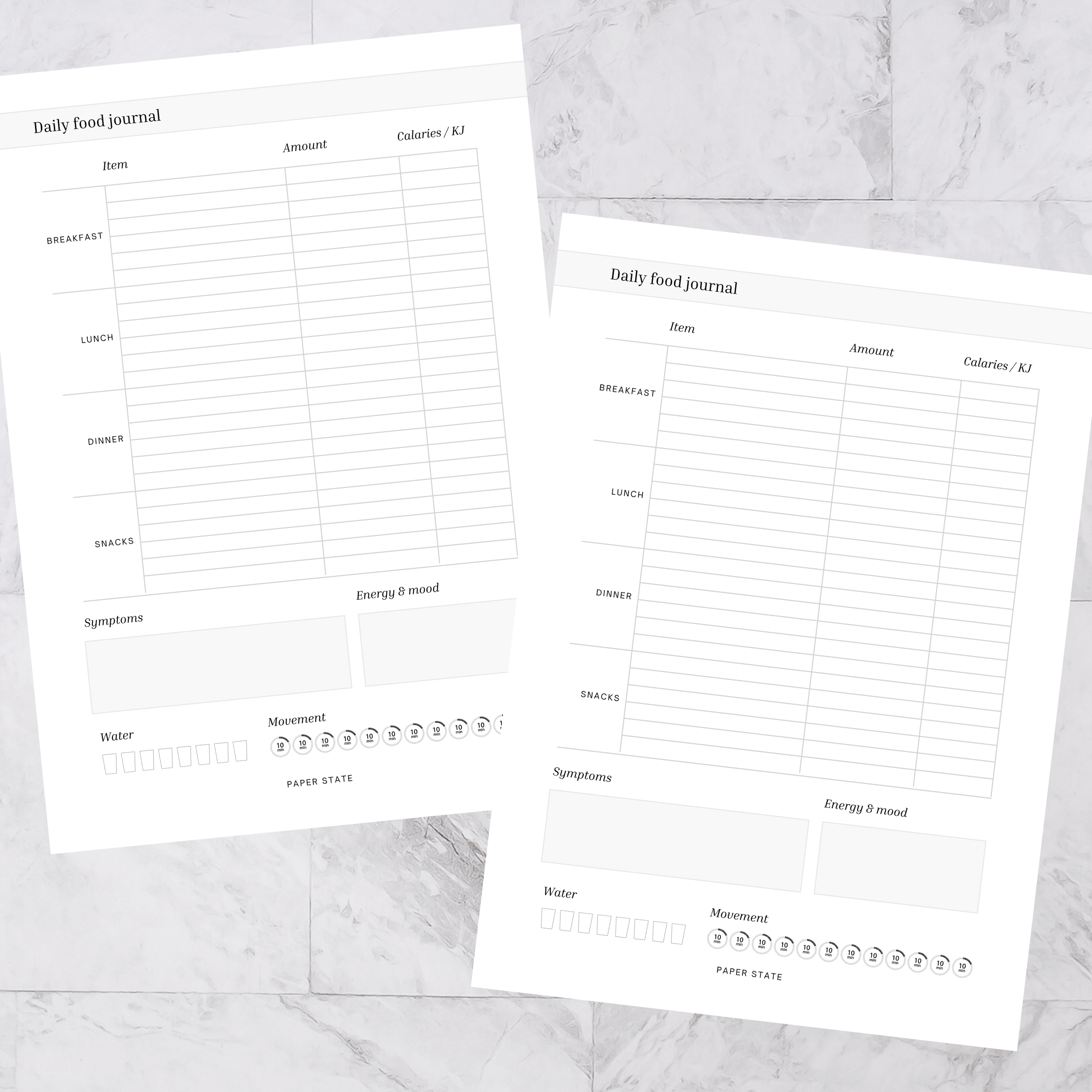 A5 Self Care Food Journal — A5 discbound insert — refillable planner pages, flat lay