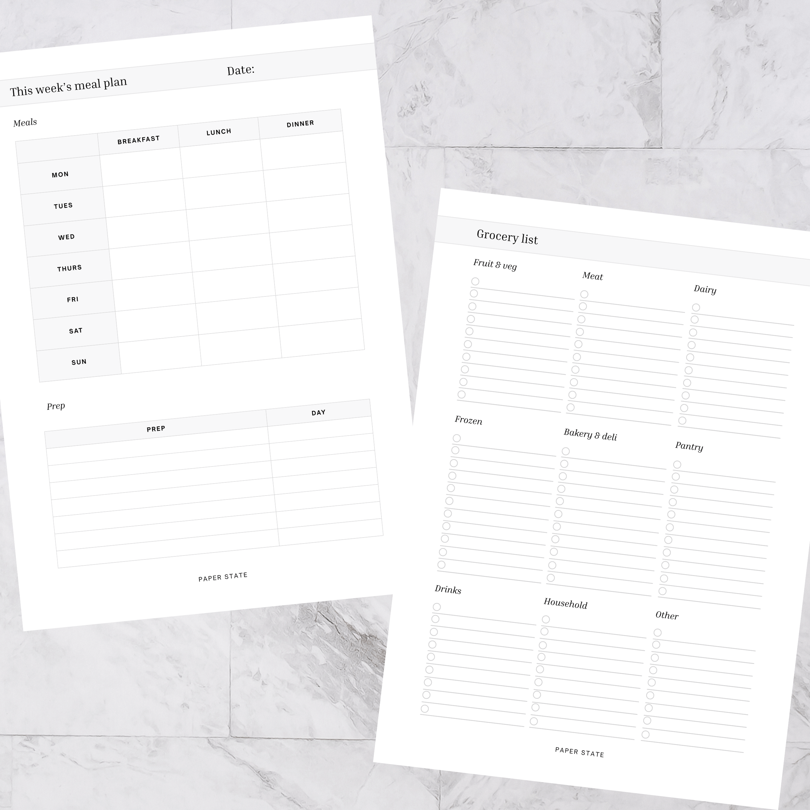A5 Self Care Weekly Meal Plan — A5 discbound insert — refillable planner pages, flat lay