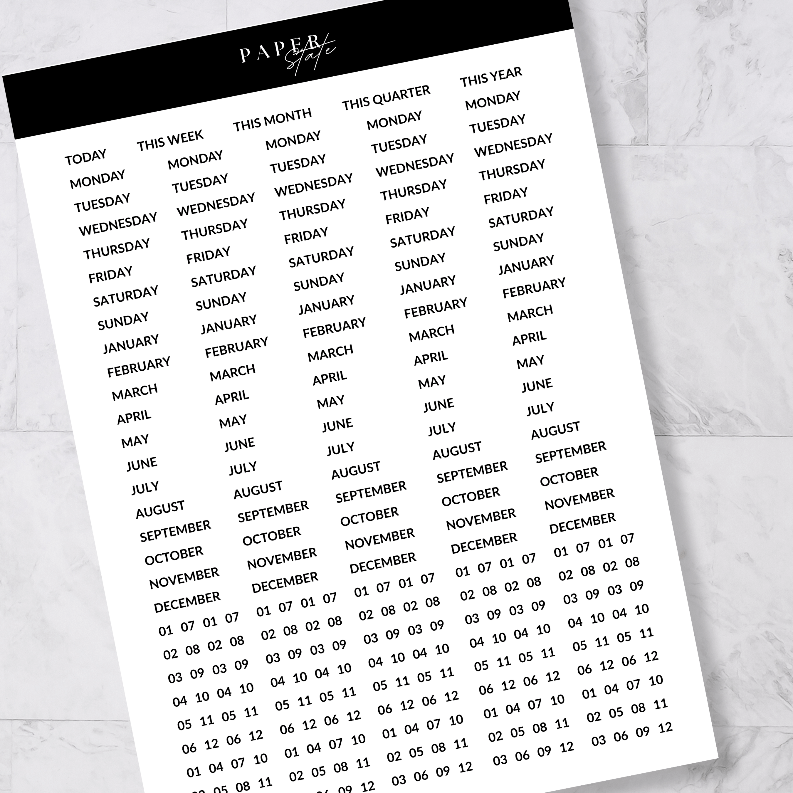 A5 Sticker sheets Monochrome labels — refillable planner accessory