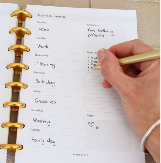 A5 Weekly Schedule Undated — A5 discbound insert — refillable planner pages, styled photo