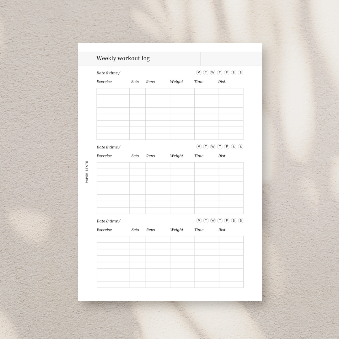 A5 Weekly Workout Log — A5 ring binder insert — refillable planner pages