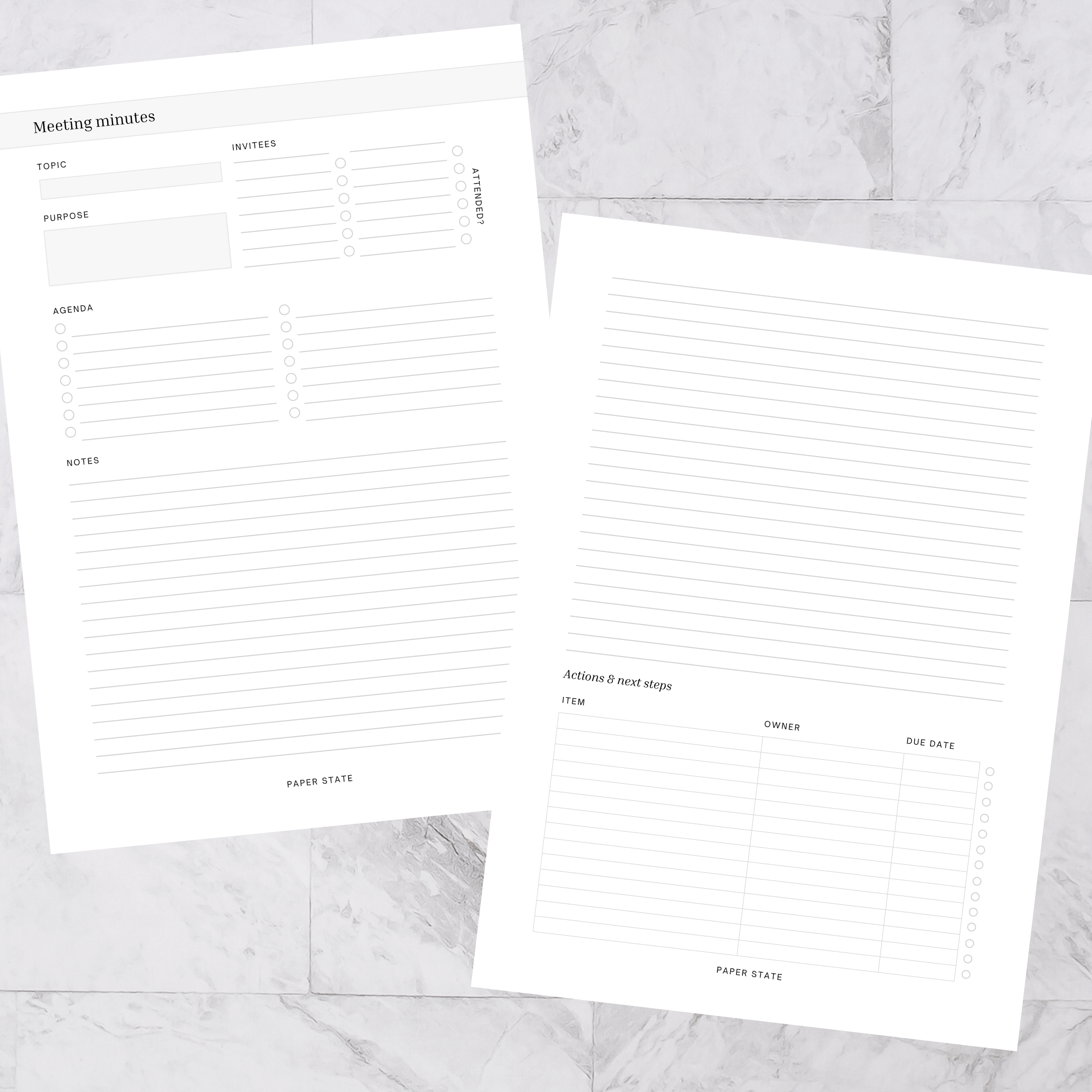 A5 Work Meeting Minutes — A5 discbound insert — refillable planner pages, flat lay