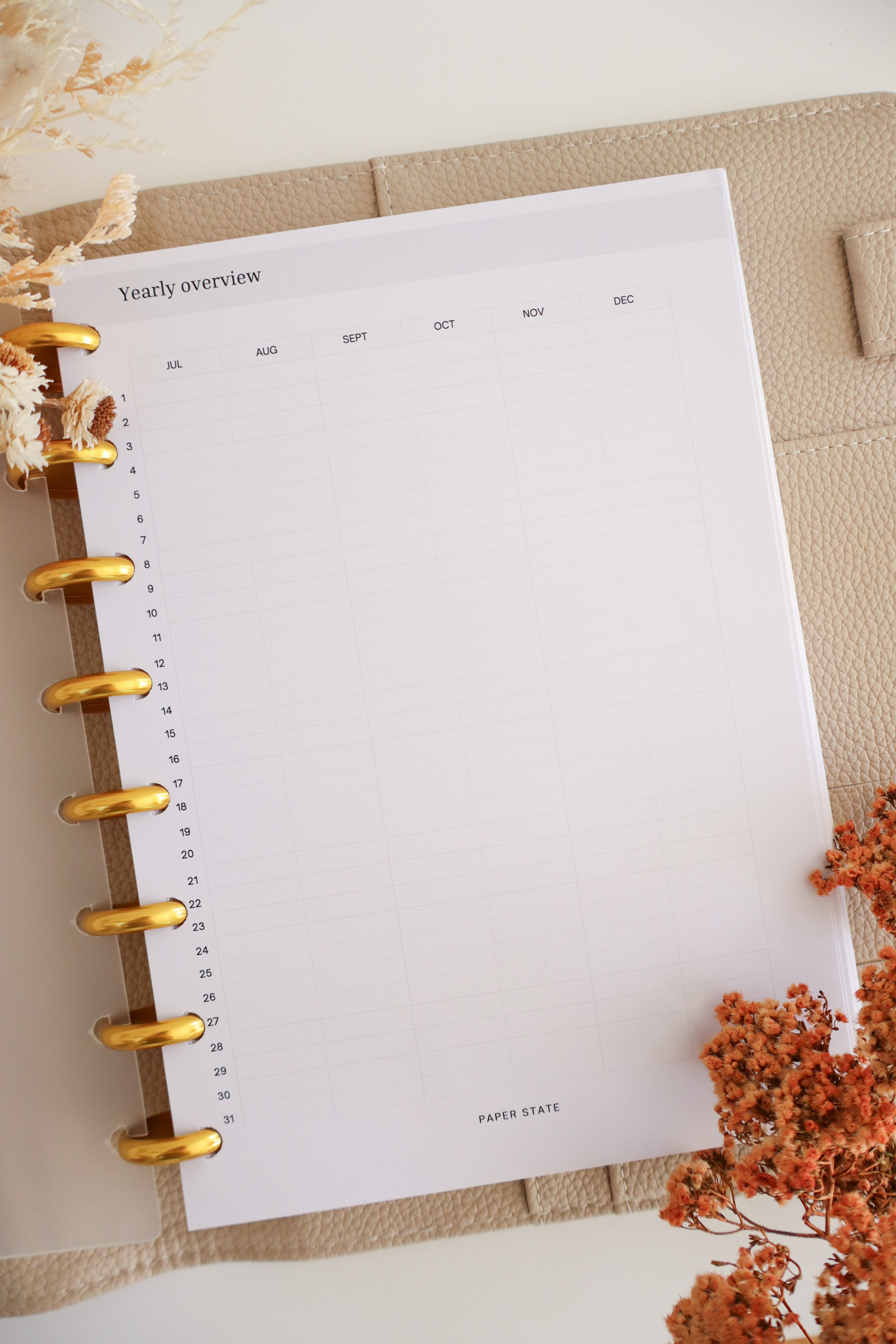 Annual Calendar Undated — refillable A5 planner insert, close-up