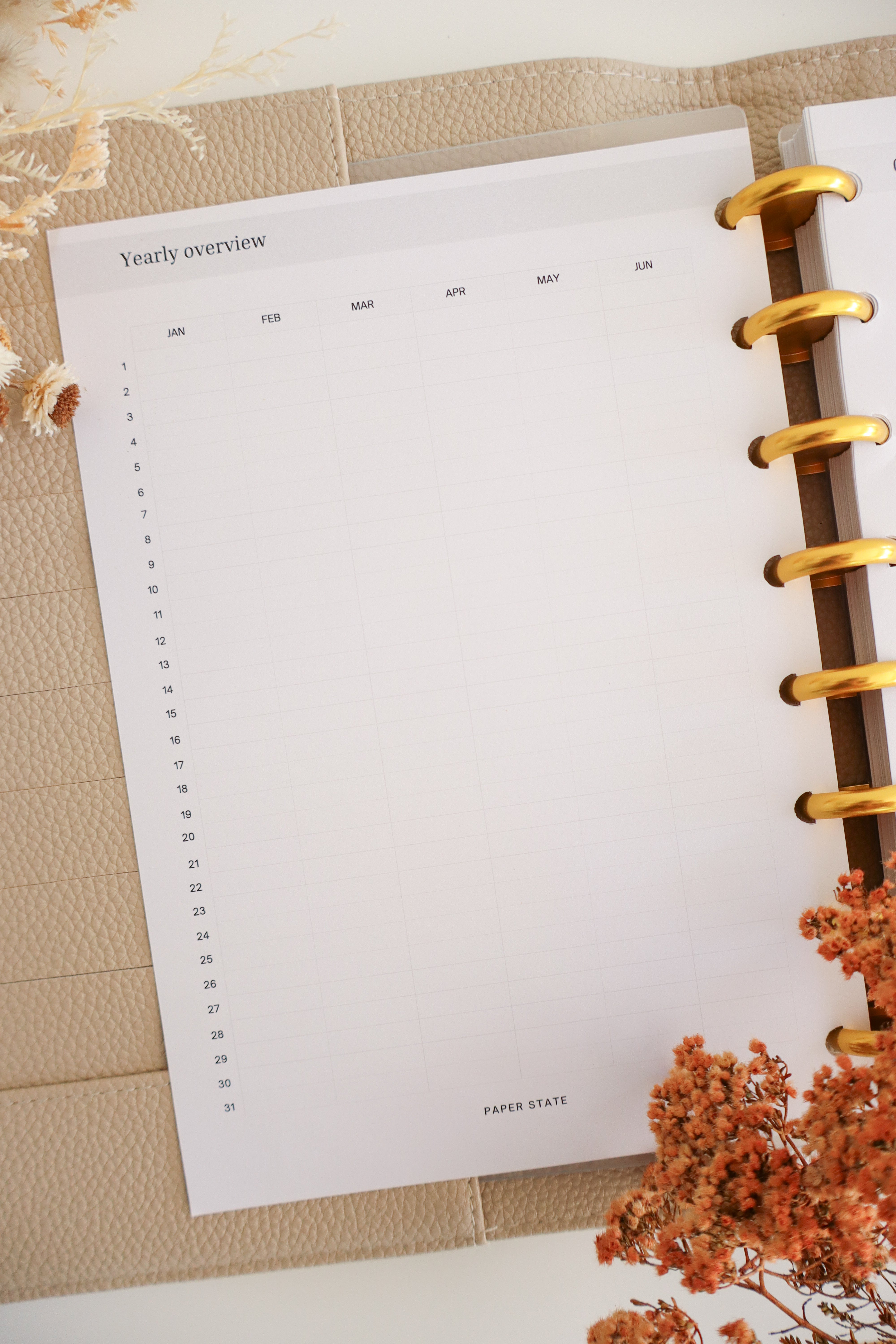 Annual Calendar Undated — refillable A5 planner insert, flat lay