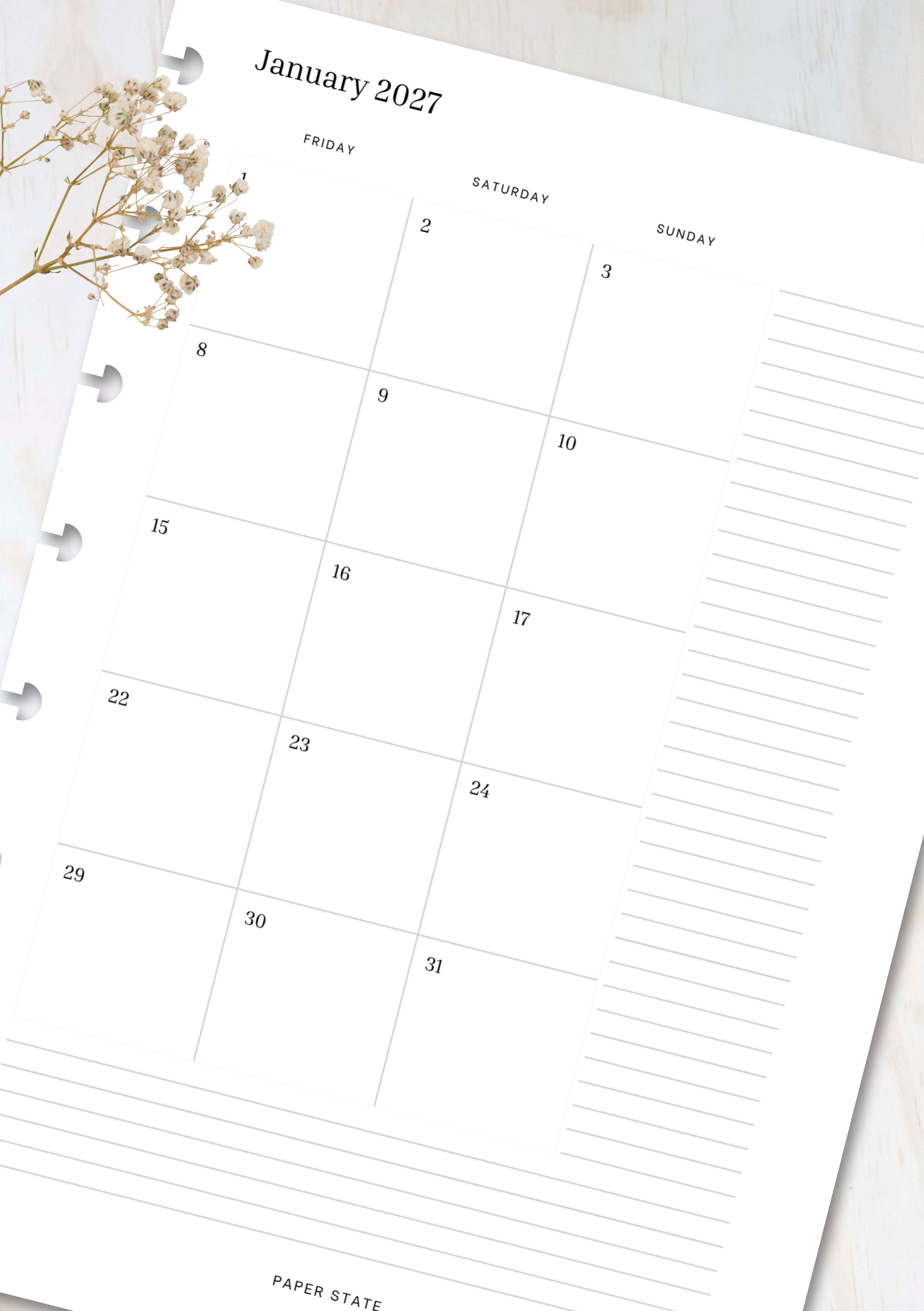 Monthly Calendar 2027 — refillable A5 planner insert, close-up