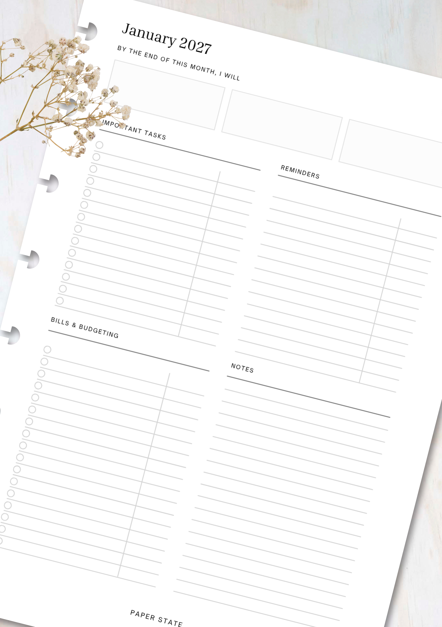 Monthly Calendar 2027 — refillable A5 planner insert, flat lay
