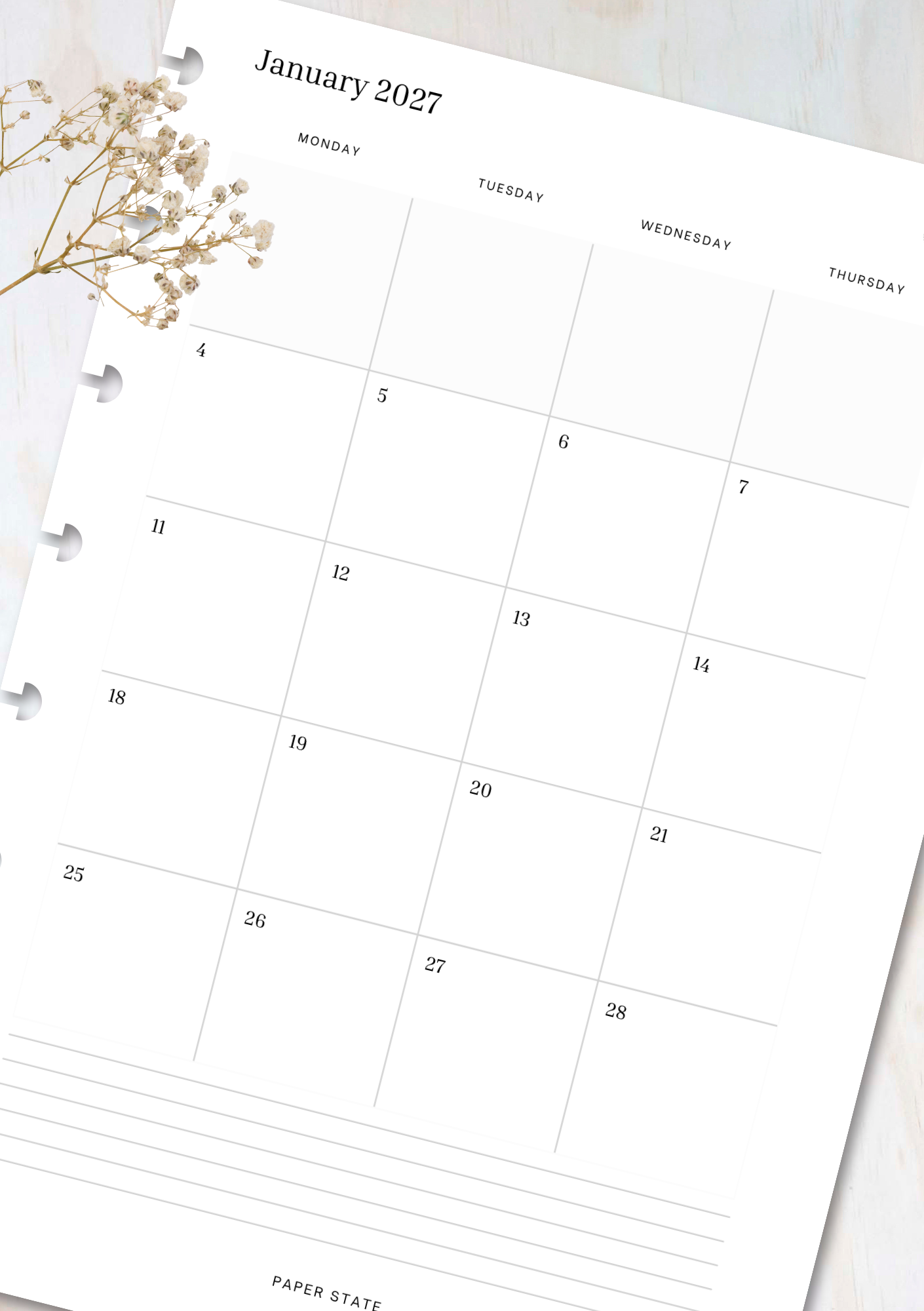 Monthly Calendar 2027 — refillable A5 planner insert
