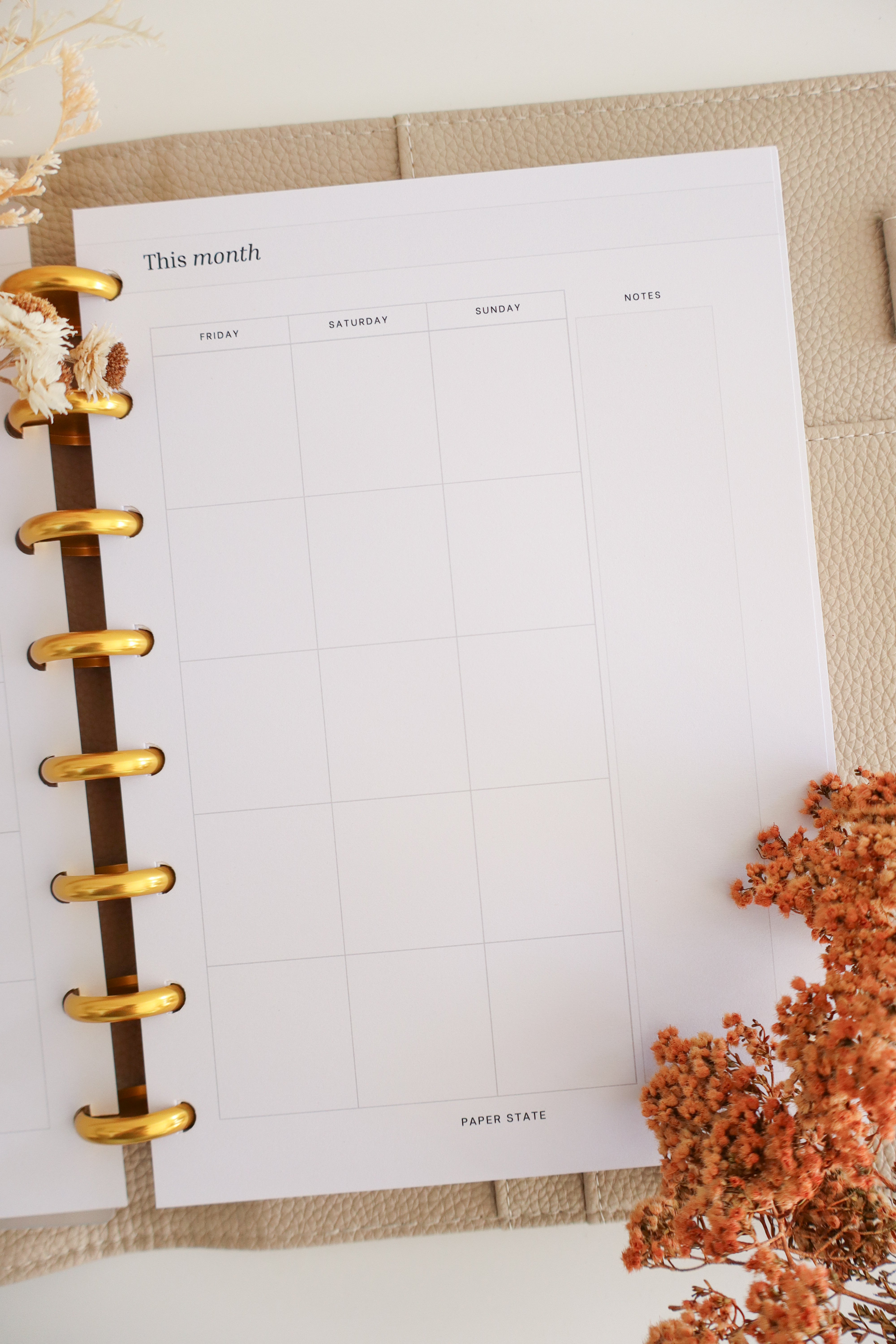 Monthly Calendar Undated — refillable A5 planner insert, close-up