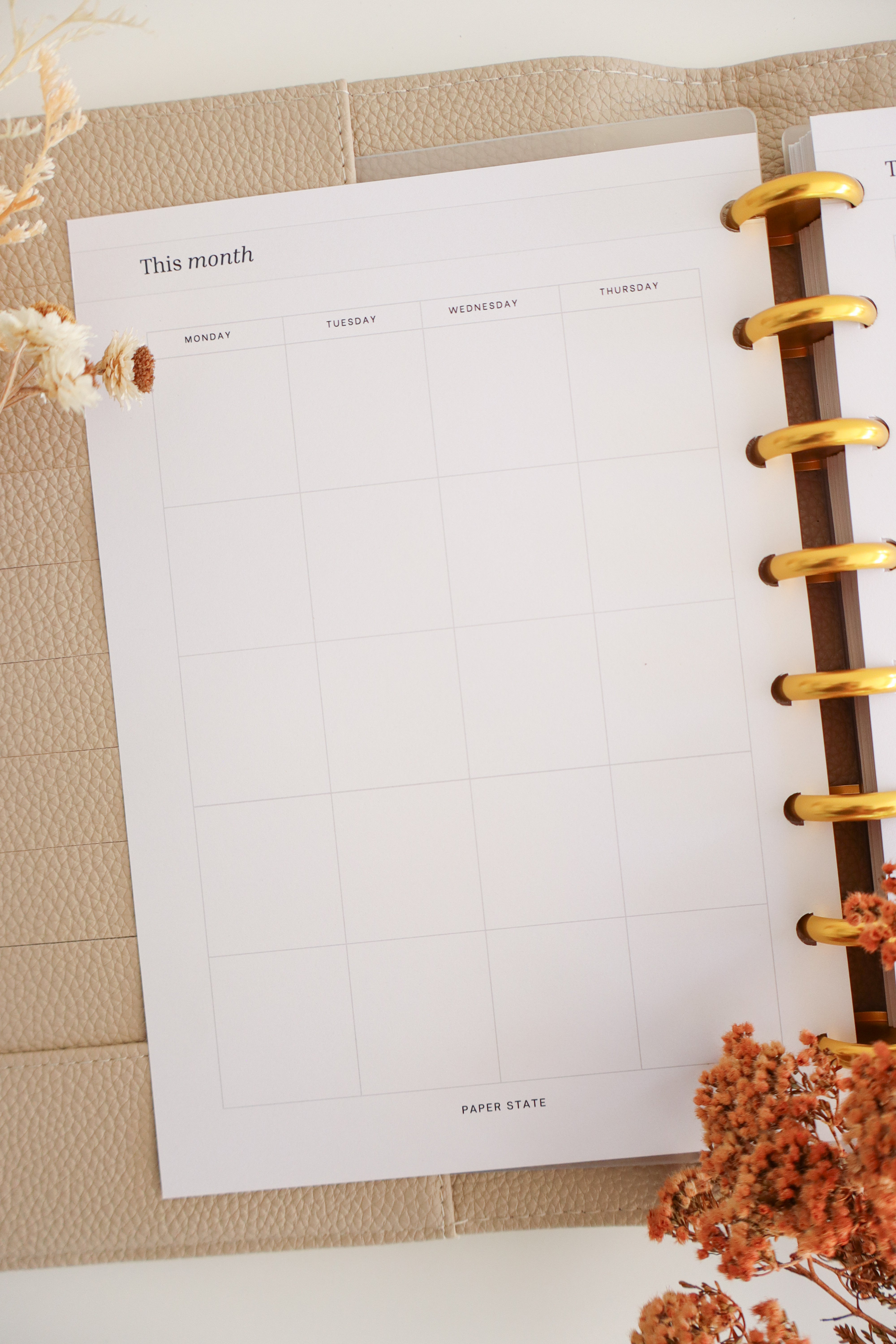Monthly Calendar Undated — refillable A5 planner insert, flat lay