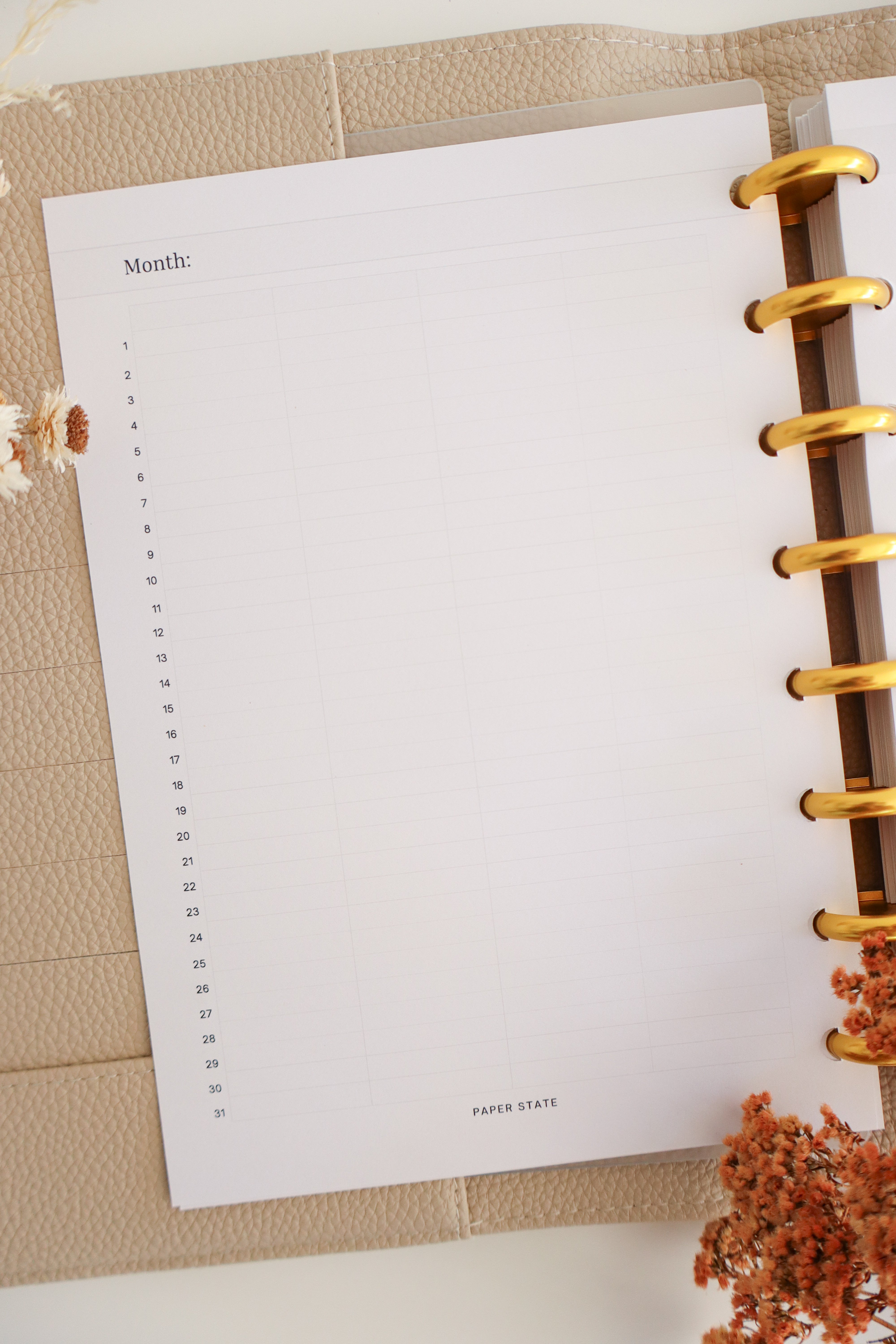 Monthly Calendar Undated — refillable A5 planner insert, lifestyle photo