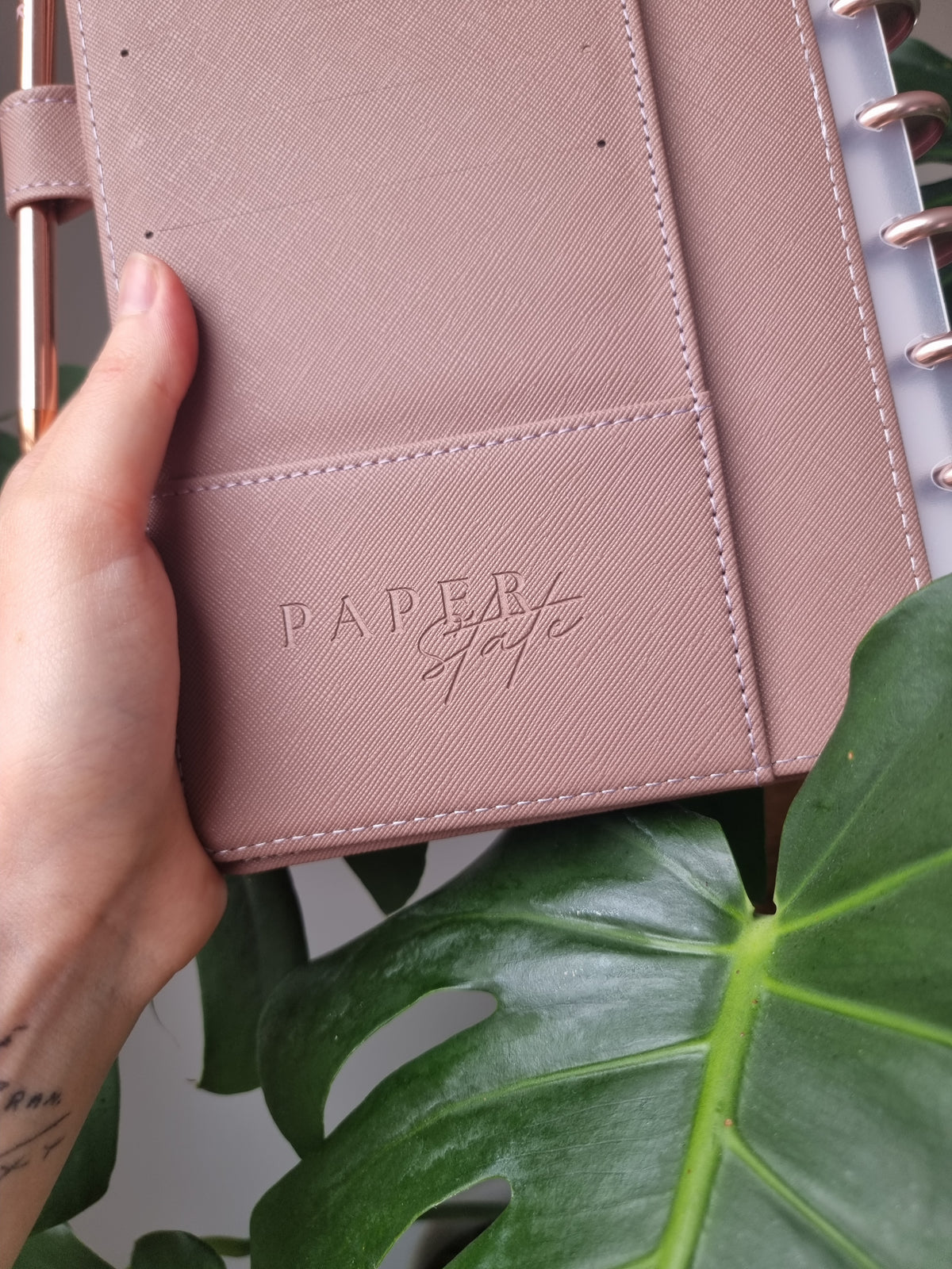 Taupe snap-on cover — discbound planner cover, flat lay